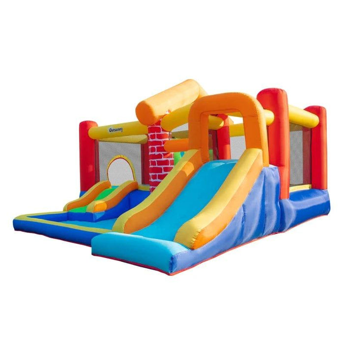 4-in-1 Bounce Castle with 2 Slides, Water Pool, 2 Trampolines and Climbing Wall with Blower - Little and Giant Explorers Outsunnny