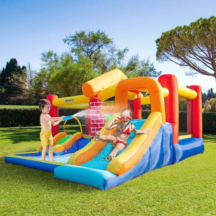 4-in-1 Bounce Castle with 2 Slides, Water Pool, 2 Trampolines and Climbing Wall with Blower - Little and Giant Explorers Outsunnny