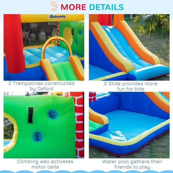 4-in-1 Bounce Castle with 2 Slides, Water Pool, 2 Trampolines and Climbing Wall with Blower - Little and Giant Explorers Outsunnny