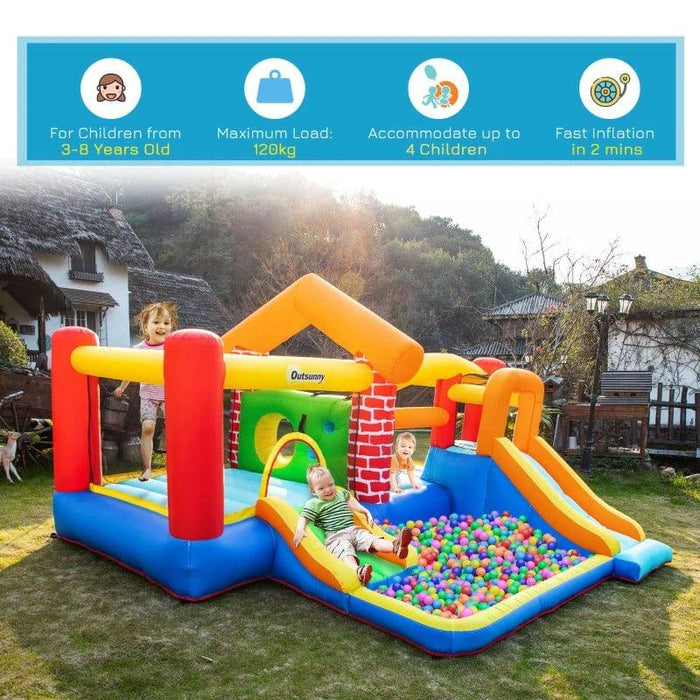 4-in-1 Bounce Castle with 2 Slides, Water Pool, 2 Trampolines and Climbing Wall with Blower - Little and Giant Explorers Outsunnny