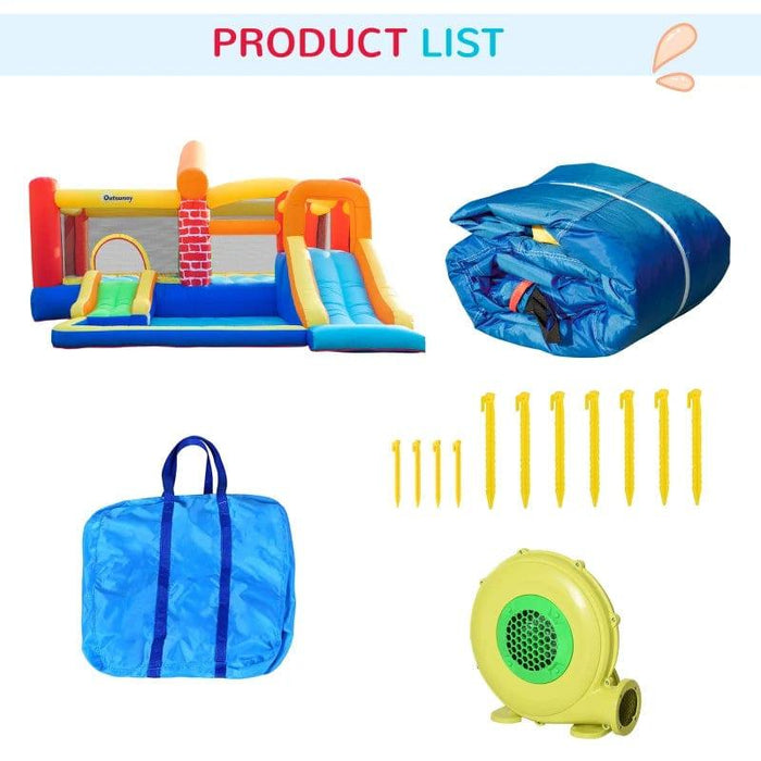 4-in-1 Bounce Castle with 2 Slides, Water Pool, 2 Trampolines and Climbing Wall with Blower - Little and Giant Explorers Outsunnny