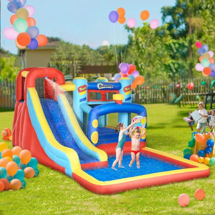 4-in-1 Bounce Castle with Slide, Trampoline and Climbing Wall with Blower - Little and Giant Explorers Outsunny