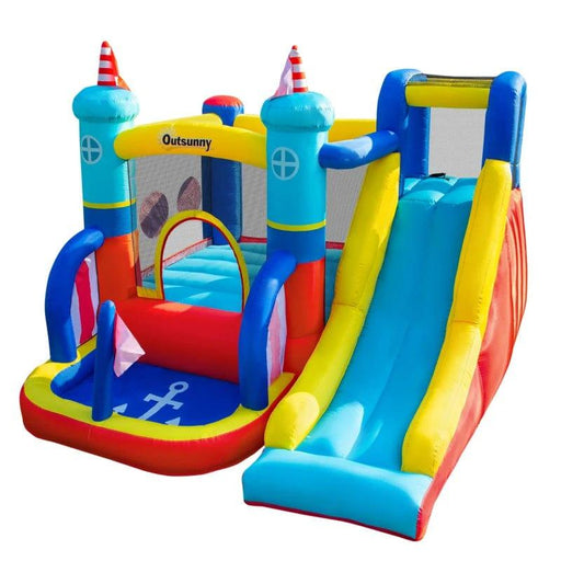 4-in-1 Bounce Castle with Slide, Trampoline, Water Pool and Climbing Wall with Blower - Little and Giant Explorers Outsunny