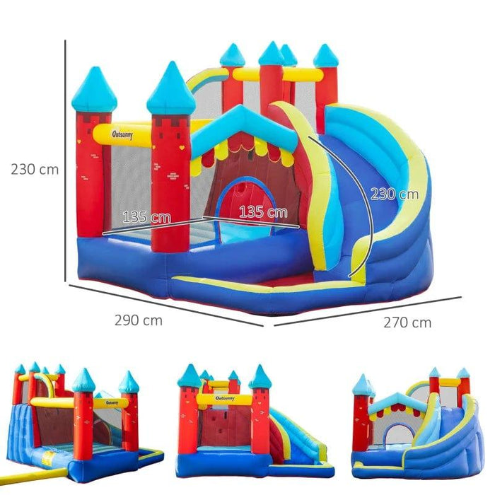 4-in-1 Bounce Castle with Slide, Water Pool or Ball Pit, Trampoline and Climbing Wall with Blower - Little and Giant Explorers Outsunny