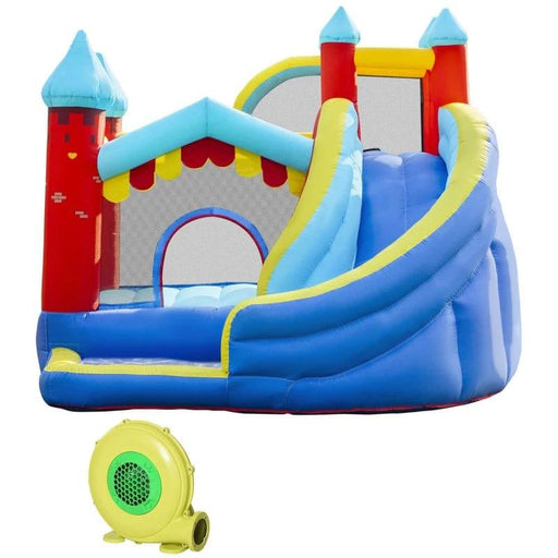 4-in-1 Bounce Castle with Slide, Water Pool or Ball Pit, Trampoline and Climbing Wall with Blower - Little and Giant Explorers Outsunny