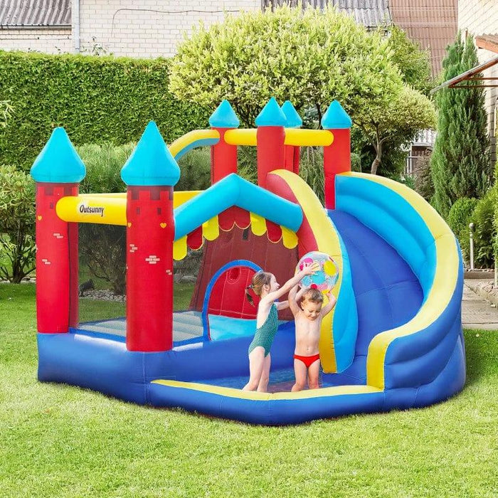 4-in-1 Bounce Castle with Slide, Water Pool or Ball Pit, Trampoline and Climbing Wall with Blower - Little and Giant Explorers Outsunny