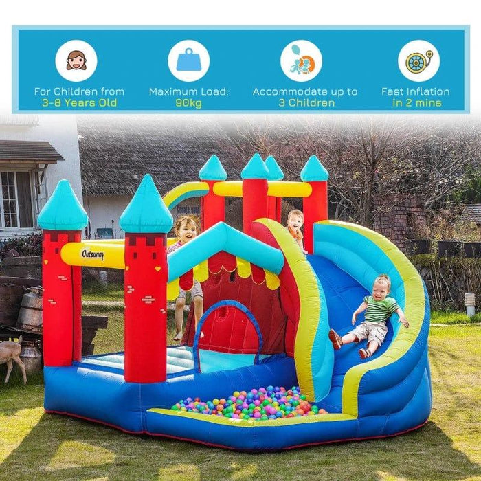 4-in-1 Bounce Castle with Slide, Water Pool or Ball Pit, Trampoline and Climbing Wall with Blower - Little and Giant Explorers Outsunny