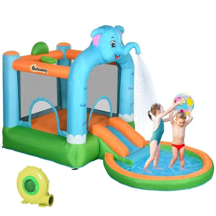 4-in-1 Bounce Castle with Water Slide, Pool, Basketball Hoop and Trampoline with Blower - Little and Giant Explorers Outsunny