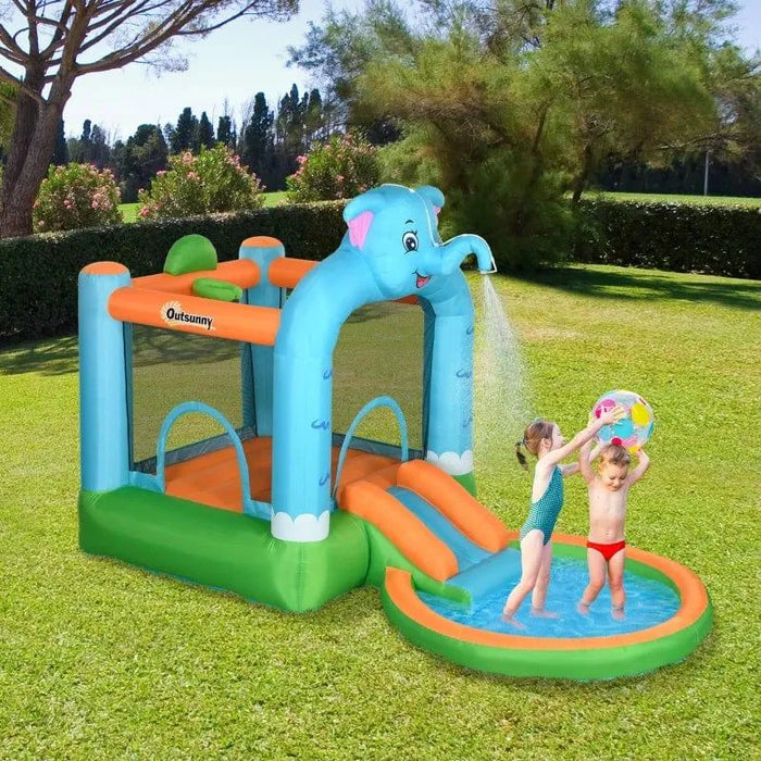 4-in-1 Bounce Castle with Water Slide, Pool, Basketball Hoop and Trampoline with Blower - Little and Giant Explorers Outsunny