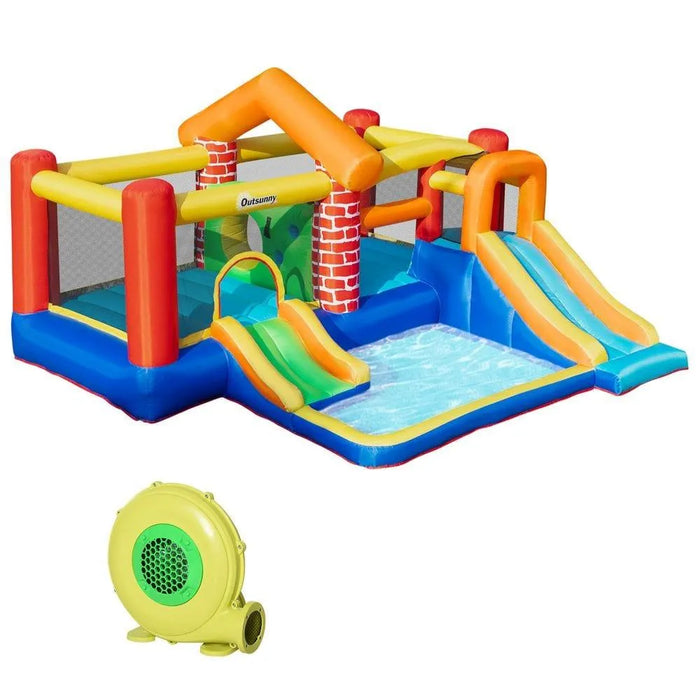4-in-1 inflatable bouncy house with slides, pool, climbing wall, and air blower