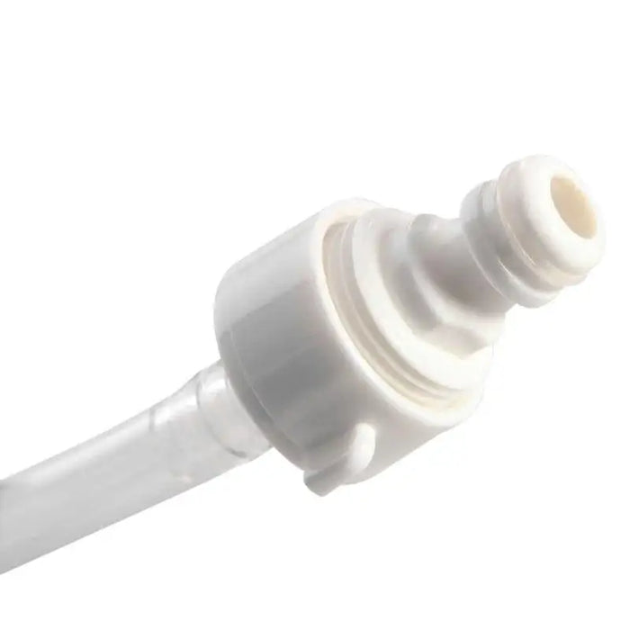 Close-up of white plastic connector with clear tubing for inflatable water park