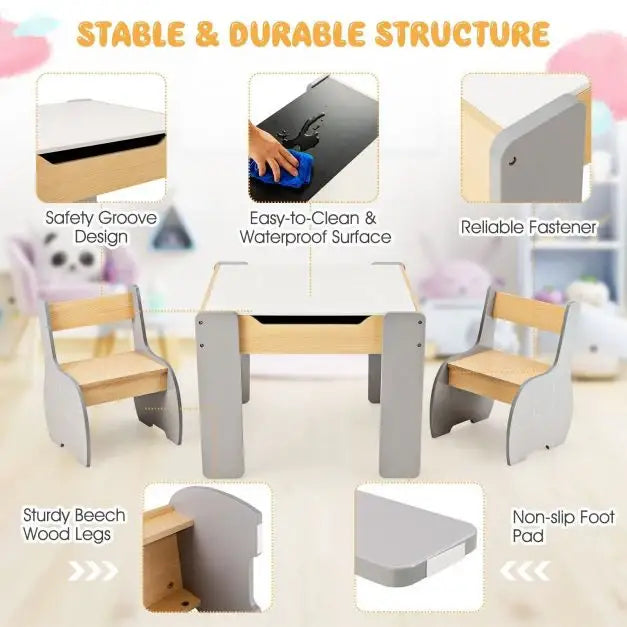 4-in-1 Kids Activity Table and Chair Set - Grey | Reversible Top and Storage COSTWAY - Little and Giant Explorers Costway