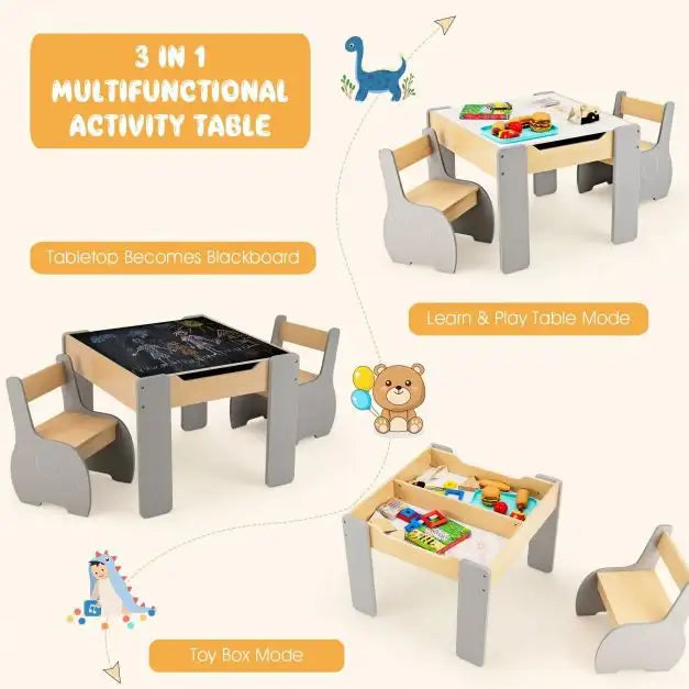4-in-1 Kids Activity Table and Chair Set - Grey | Reversible Top and Storage COSTWAY - Little and Giant Explorers Costway