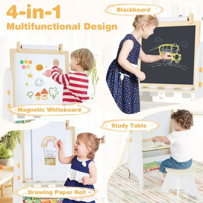 4-in-1 Kids Art Easel and Activity Table - White | Magnetic Whiteboard, Blackboard and Stool COSTWAY - Little and Giant Explorers Costway