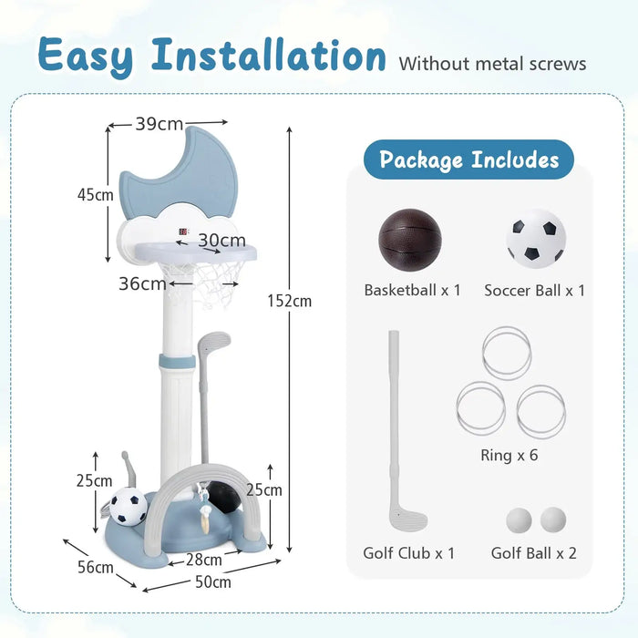 Product installation guide with dimensions and package contents on a light blue background