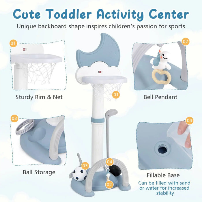 Cute toddler activity center with features highlighted on a light blue background