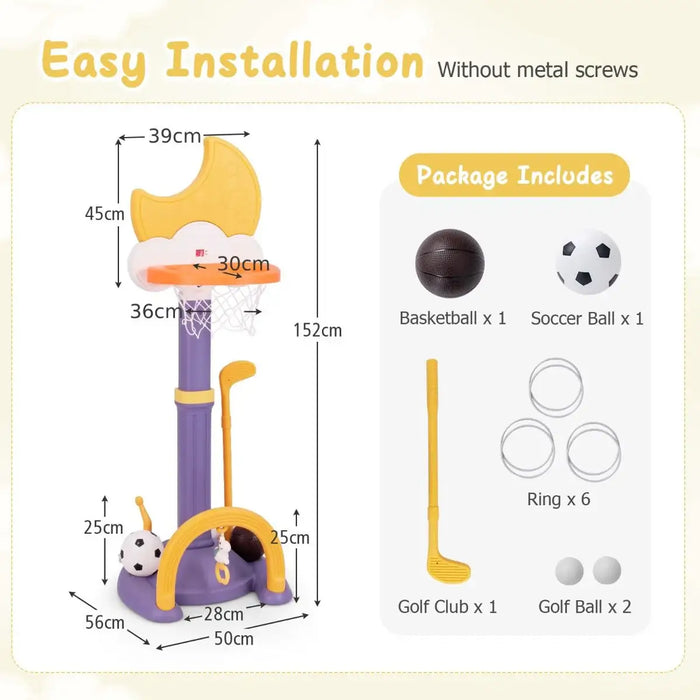 Children's sports toy set with basketball hoop, balls, and golf club, including dimensions and package contents.