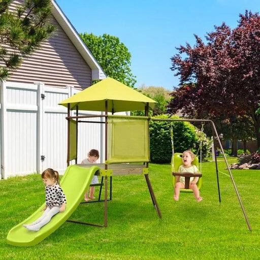 Kids playing on a cedar wood 4-in-1 swing set with slide, fort, and baby seat in a backyard