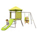 Kids cedar wood swing set with slide, ladder, fort, and baby seat, two children playing