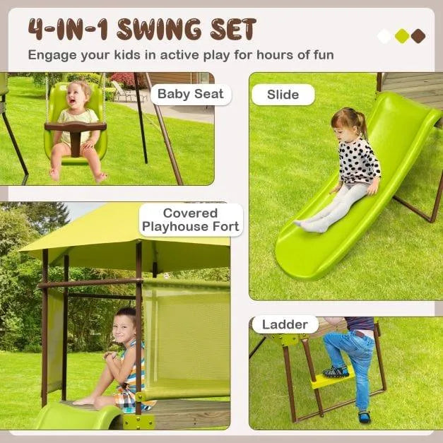 4-in-1 kids cedar wood swing set with baby seat, slide, covered playhouse fort, and ladder on grass