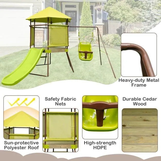 4-in-1 kids cedar wood swing set with slide, ladder, canopy roof, and baby seat in a backyard.