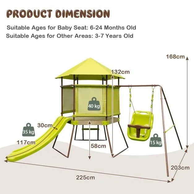 4-in-1 cedar wood kids swing set with slide, fort, baby seat, ladder, and measurements