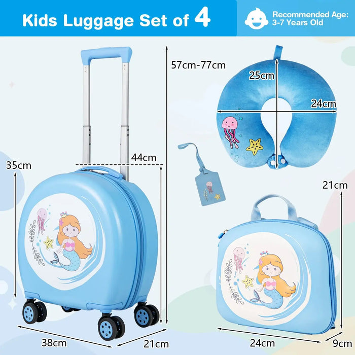 Set of four kids' luggage with measurements and a mermaid design on a blue background