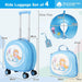 Set of four kids' luggage with measurements and a mermaid design on a blue background