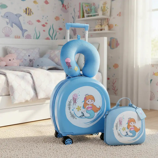 Children's blue suitcase with mermaid design in a bedroom setting
