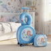 Children's blue suitcase with mermaid design in a bedroom setting