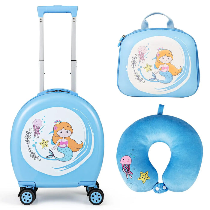 Children's travel set with blue suitcase, lunch bag, and neck pillow featuring mermaid design.