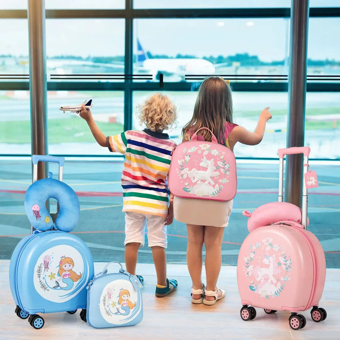 Two children with colorful suitcases at an airport.
