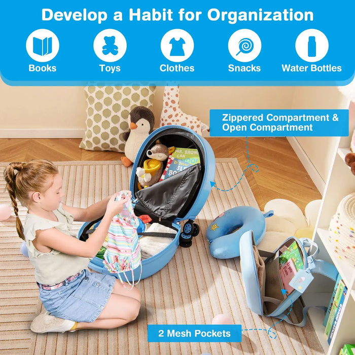 Child playing with a toy organizer labeled 'Develop a Habit for Organization' with various compartments.