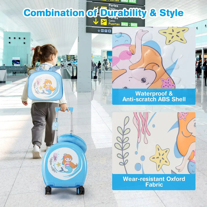 Child with a blue suitcase featuring cartoon designs in an airport setting, with text about durability and style.