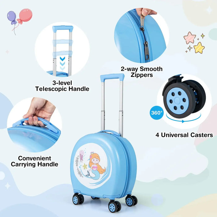 Blue children's suitcase with various features highlighted on a light blue background