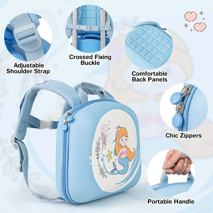 Light blue children's backpack with mermaid design, featuring adjustable strap, cross-fixing buckle, comfortable back panels, chic zippers, and portable handle.