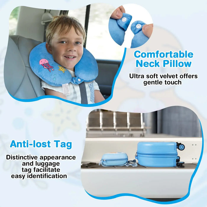 Child wearing a blue neck pillow in a car seat with product features highlighted.