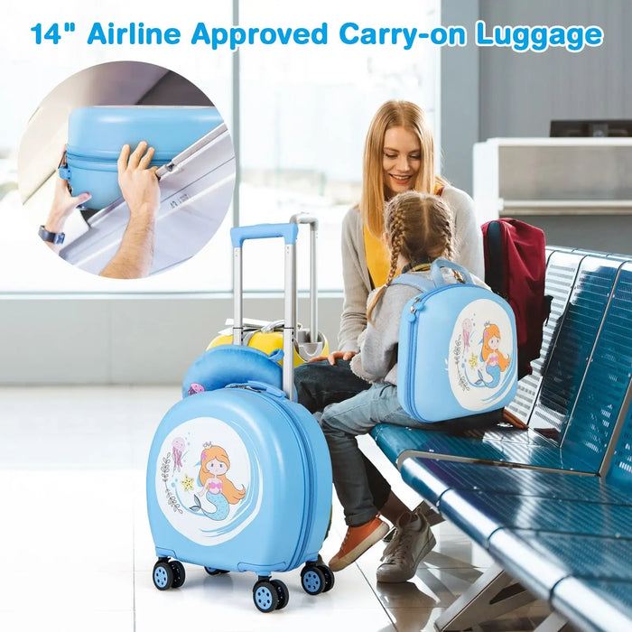 Blue children's suitcase with mermaid design at an airport, featuring a woman and child.