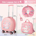 Set of four pink children's luggage items with dimensions displayed on a white background.