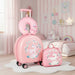 Pink children's suitcase with unicorn design in a bedroom setting