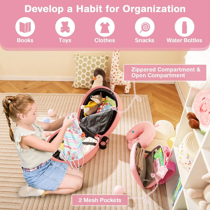 Child organizing toys in a pink toy storage bag with text about organization habits and product features.