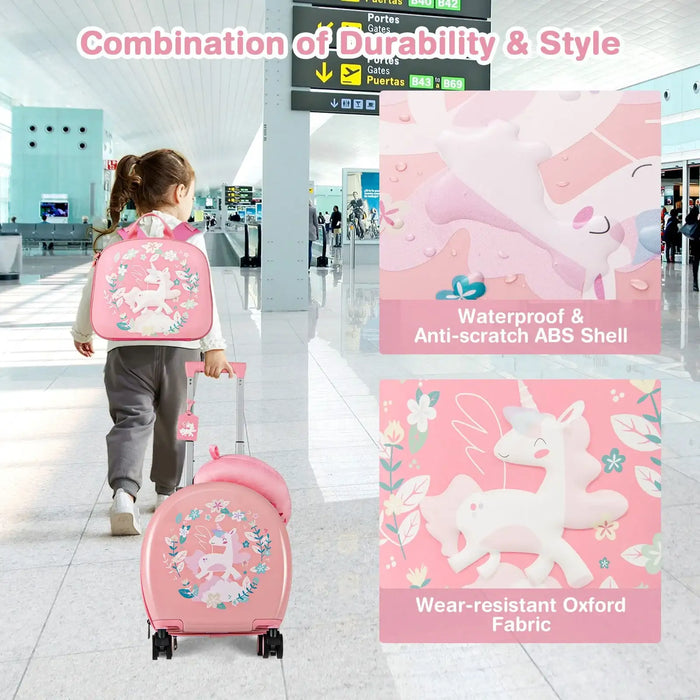 Child with pink suitcase and backpack in an airport, with product features highlighted.
