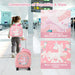 Child with pink suitcase and backpack in an airport, with product features highlighted.