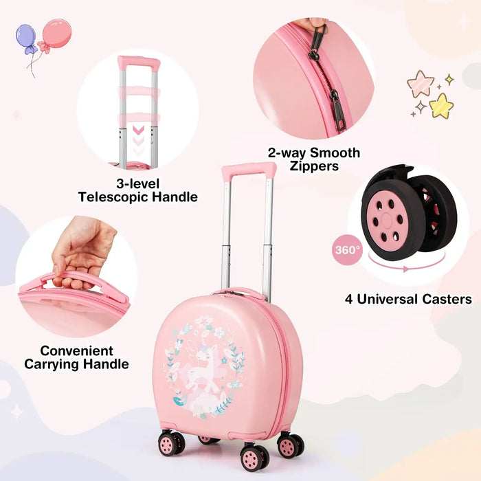 Pink children's suitcase with various features highlighted on a light background