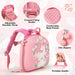 Pink children's backpack with various features highlighted on a pink background