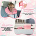 Pink neck pillow for children with car seat and luggage tag, featuring text on comfort and identification.