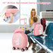 Pink carry-on luggage with a child and adult at an airport.
