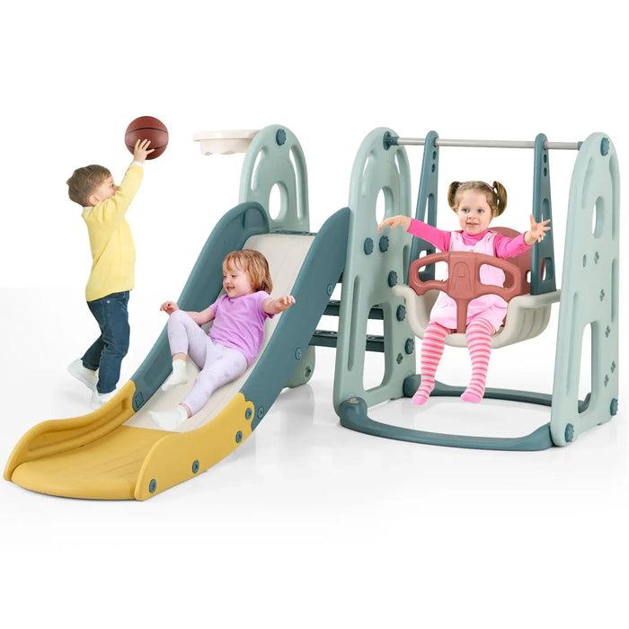 4-in-1 Kids Slide and Swing Set | Basketball Hoop and Climber Indoor Playground COSTWAY - Little and Giant Explorers Costway