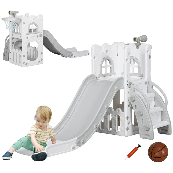Kids Slide 4-in-1 Design | with Basketball Hoop, Telescope and Climber (Grey Edition) - Little and Giant Explorers AIYAPLAY