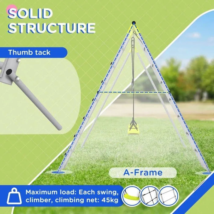 4-in-1 kids swing and climbing set with A-frame structure, swing seat, and climbing net outdoors